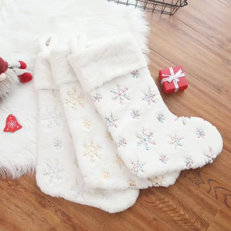 Faux Fur Christmas Stockings Candy Gift Bag Snowflake Socks Hanging Xmas Tree 448A