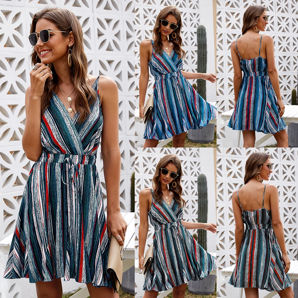 

Europe and the United States 2020 summer new explosion models sexy V-neck sling print dress