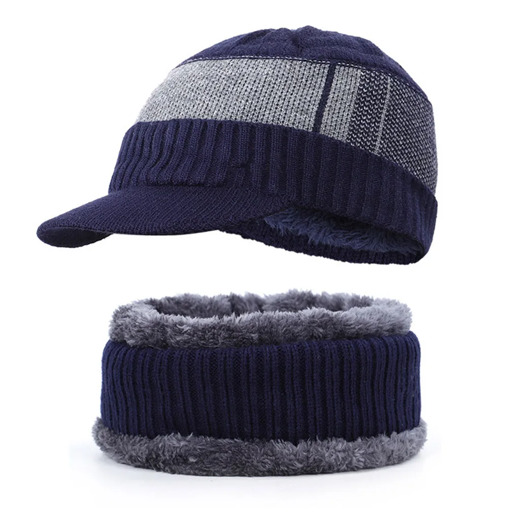 Navy hat and scarf Мужская зимняя теплая шапка, вязаная шапка с флисовой подкладкой, мягкая дышащая шапка с петлями для шарфа, набор KNG88 - Цвет: Navy hat and scarf