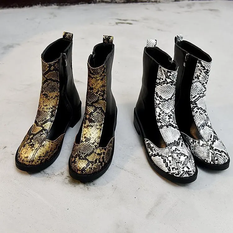 

Женские ботильоны из искусственной кожи на молнии пэчворк и змеиной кожи большого размера Женская весенне-Осенняя обувь модная винтажная ж...