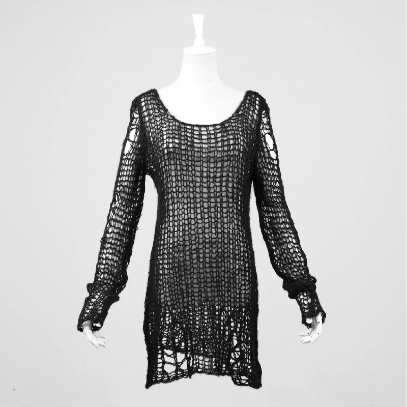 PUNK RAVE Punk Broken Pullover Striped Ladies Stylish Cape Sweater Computer Knitting Holes Thin O-Neck Long Sleeves Tops | Водолазки