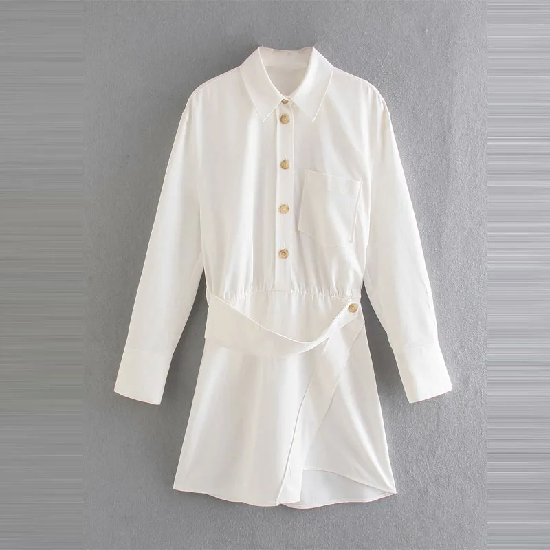 

Женское мини-платье с длинным рукавом ZA, белое асимметричное платье с поясом и накладным карманом спереди, лето 2021