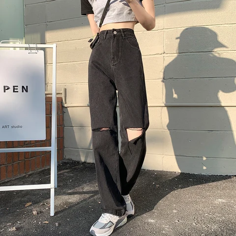 Black High-waist Ripped Straight-leg Jeans Women's Loose And Thin Drape Wide-leg Mopping Pants Streetwear Female Trousers