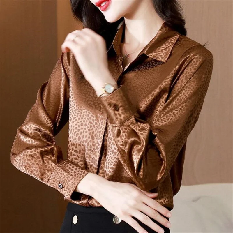 

Women's Satin Shirt Silk Blouses for Women Vintage Button Up Printed Top Women Polo Neck Long Sleeve Clothing Female Basic Shirt