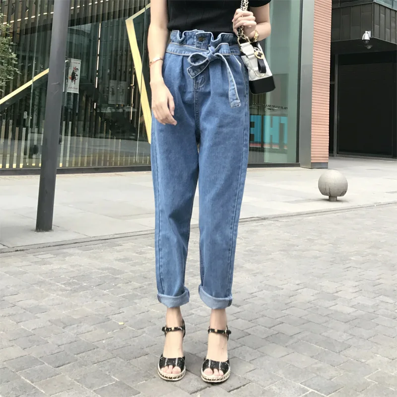 

New Student Jeans Fashion Women Retro Lace High Waist Wide Legs Long Pants