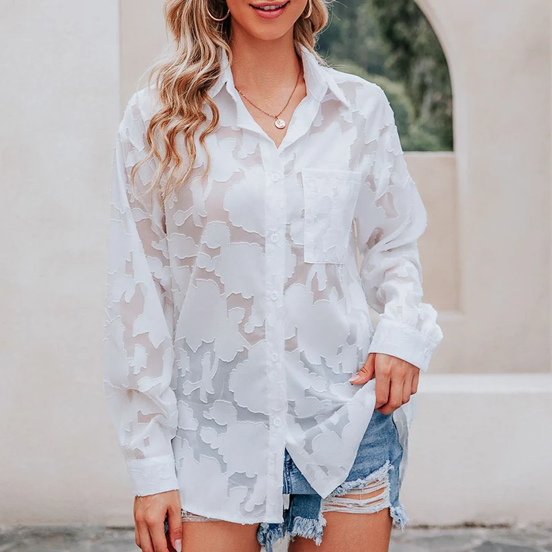 

Жаккардовая женская блузка с отложным воротником и длинным рукавом, однотонная женская офисная блузка, новинка 2022, весенние элегантные топ...