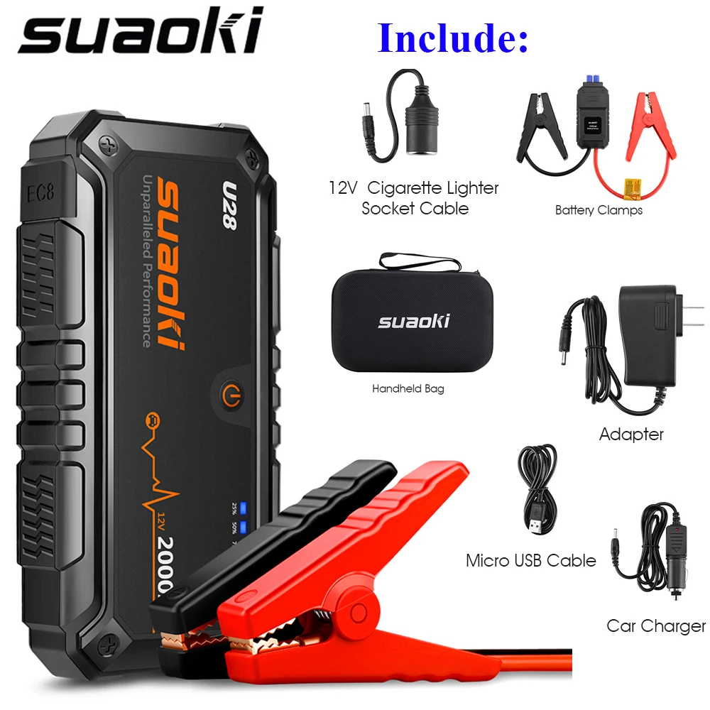 Suaoki U28 стартер для автомобиля 2000A пиковый Стартовый Блок USB power Bank светодиодный фонарик и умные зажимы для аккумулятора для автомобиля 12 В