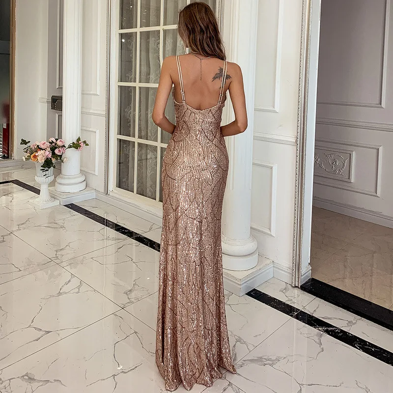 

Sladuo Women Sexy V neck Sequin Spaghetti Strap Dress Backless High Split Maxi Dress Summer Evening Party Dress Vestido M0799