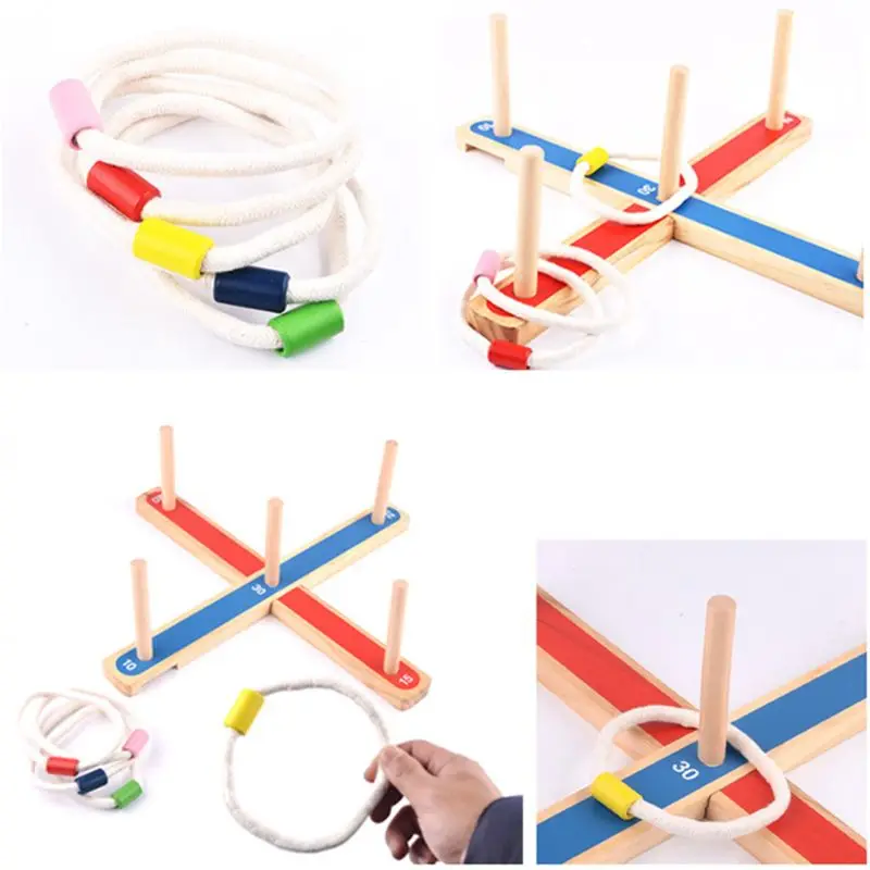 

Wooden Ring Toss Toys Fun Gadgets GARDEN/OUTDOOR ROPE QUOITS & WOODEN PEGS THROWING GAME Family Pegs And Rope Toss Game