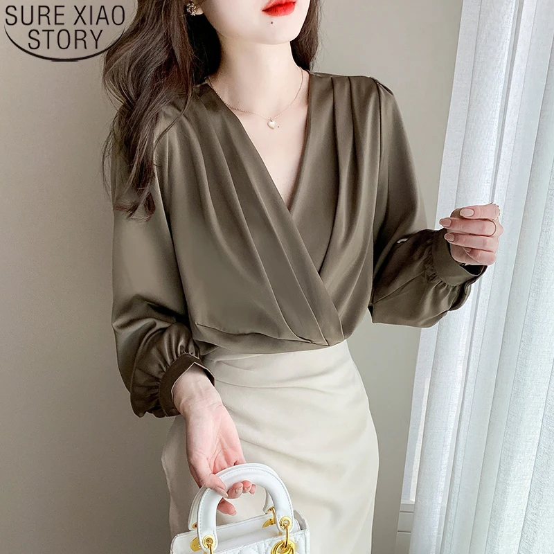 

2023 Autumn Winter New Elegant V-neck Satin Blouse Women Long Sleeve Shirt Office Lady Bottoming Shirt Tops Clothes Blusas 18057