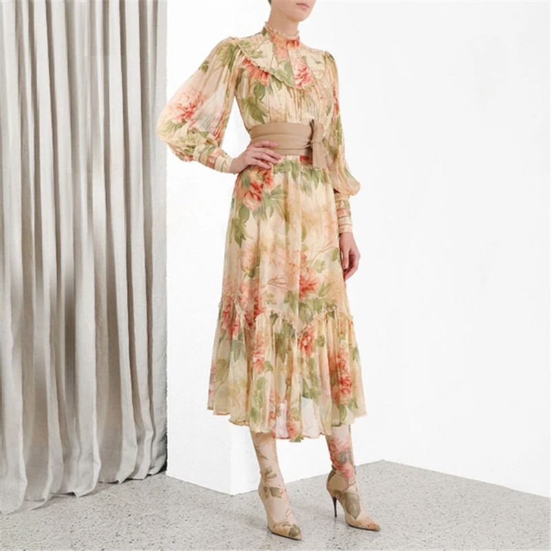 Женское платье с цветочным принтом пышное рукавом-стойкой и бантом новинка 2019 |