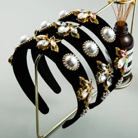european and american velvet honeybee flower pearl headband simple wild wide edge luxury bee headband for women