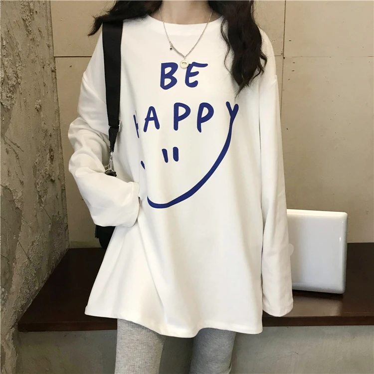 

Autumn and winter Korean of the new loose mid-length letter printing long-sleeved T-shirt