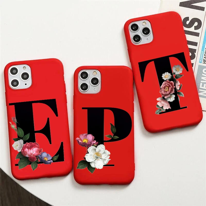 

Letter Flower red que Case For iPhone 12 13 Pro Max 12 13 Mini Case Soft silicone TPU For iPhone XS Max Case Cover Capa