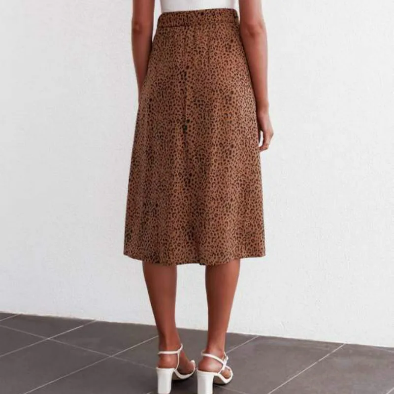 2019 Женская юбка с высоким разрезом Летняя Повседневная Коричневая леопардовая
