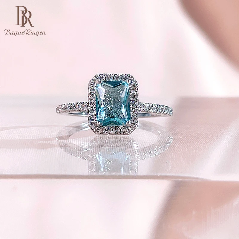 Bague Ringen Classical Design Ring Fashion Female Jewelry Square Blue Topaz artificial Aquamarine Lady's Engagement Ring Size5-9