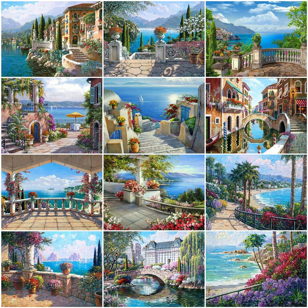 

HUACAN Oil Painting By Number Town Landscape On Canvas Picture By Number Seaside Acrylic Unique Gifts For Living Room