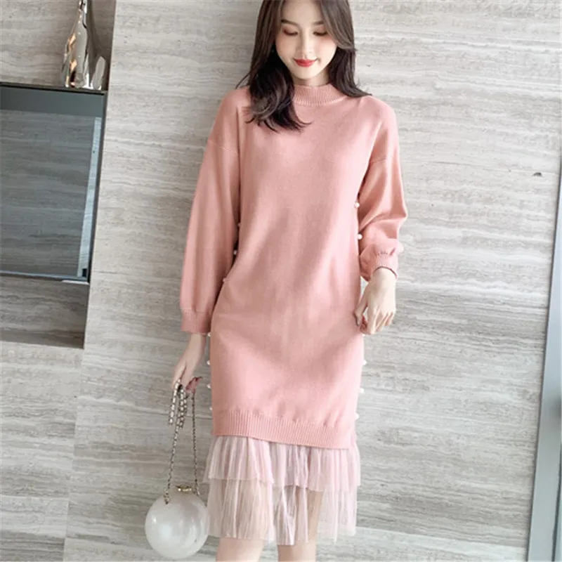 Модное платье свитер корейские Вязаные кружевные свитера элегантный женский