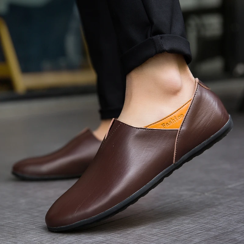 Мужские кожаные туфли без шнуровки коричневые деловые повседневные дышащая