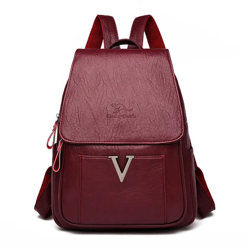 Wine red Женские кожаные рюкзаки на молнии с буквенным принтом в виде буквы V, женские рюкзаки для путешествий, Женские Рюкзаки Mochilas, школьные сумки для девочек-подростков - Цвет: Wine red