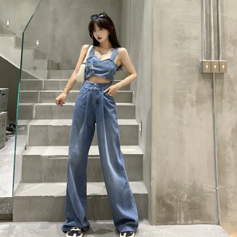 

Amolapha Women Sexy Summer Jeans Clothing Sets Sleeveless Sling Short Denim Camisole Tops+Loose High Waist Pants Female Outfits