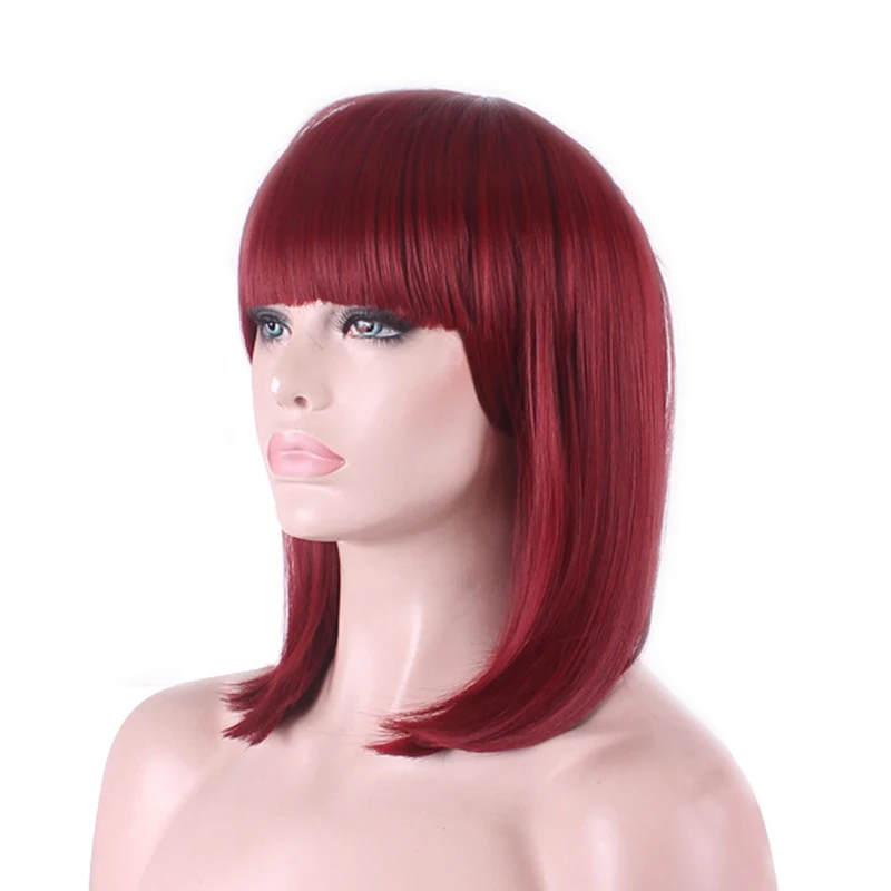 

Gres Straight Burgundy Women Wigs High Temperature Fiber Medium Length Bob Style With Bang Synthetic Hairpieces for Young Lady