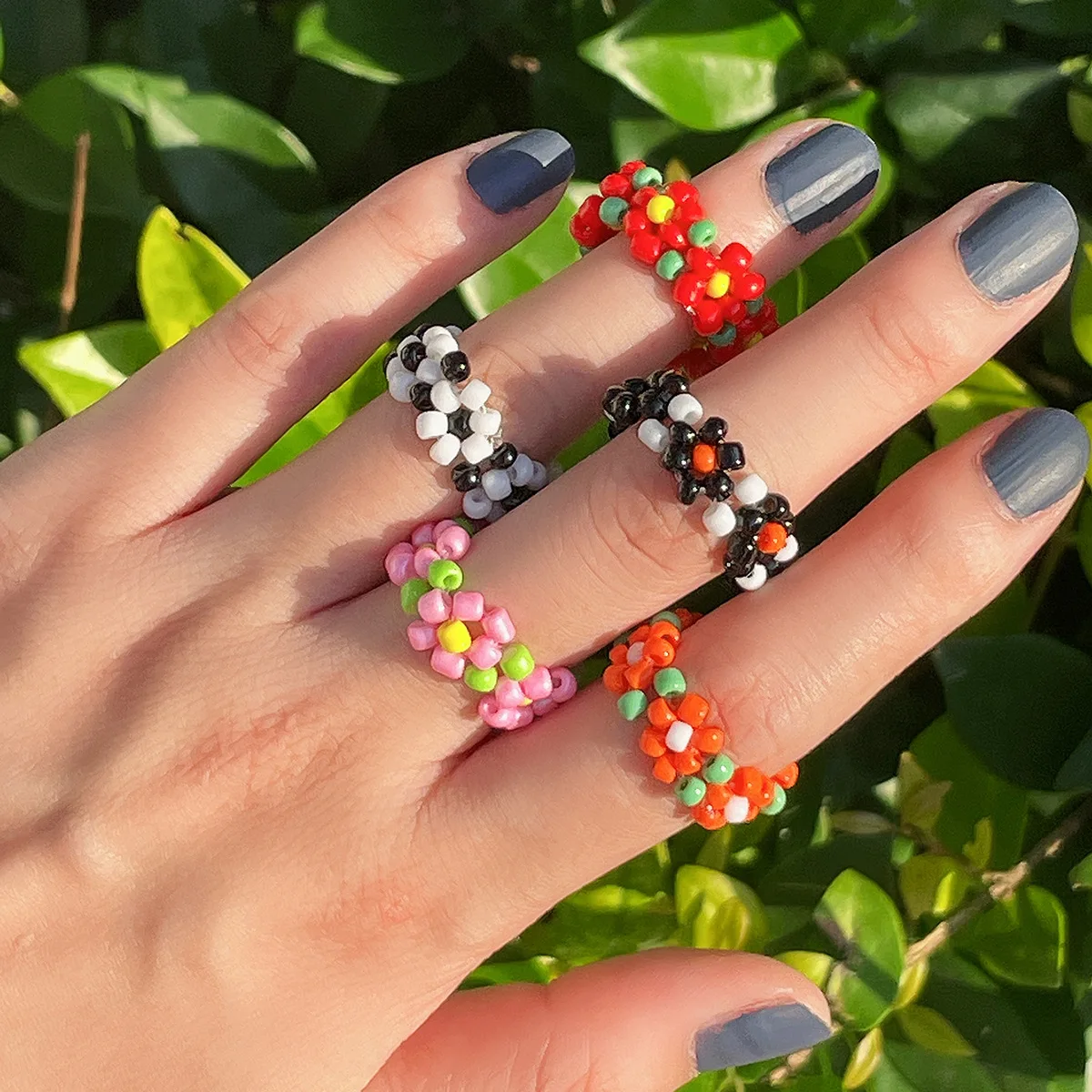 

Handmade Flower Bobemia Rings Summer Colorful Beads Ring for Women Kids BOHO Beach Jewelry Gifts Fashion Adjustable Rings