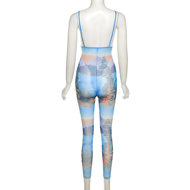 

ANGELS Summer Women's Clothing Rompers Sexy Deep V Mesh Perspective Printing Breathable Tight Sports Jumpsuit Female AG31786