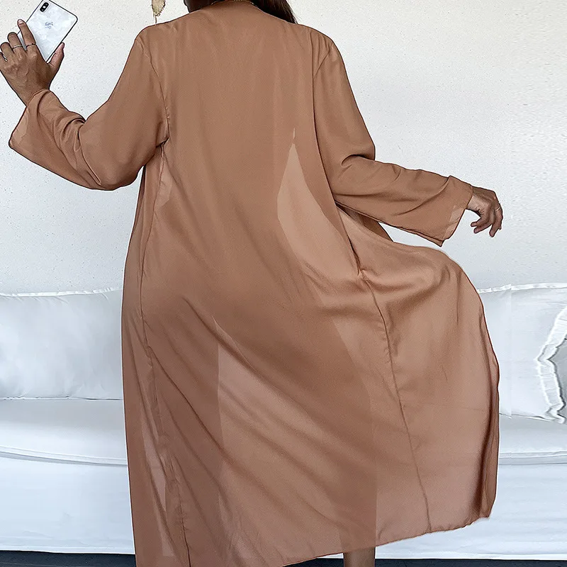 

Пикантный однотонный кафтан Rinabe с длинным рукавом, защищающий от солнца парео, Женский шифоновый кардиган 2021, свободная накидка, летняя пля...