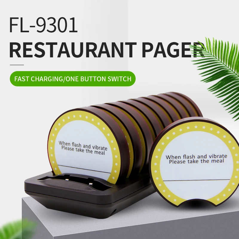 

FL-9301 Coasters Wireless Paging System With 10 Buzzers for Restaurant Pager Coffee Shop Clinic Church Nursery Table Service