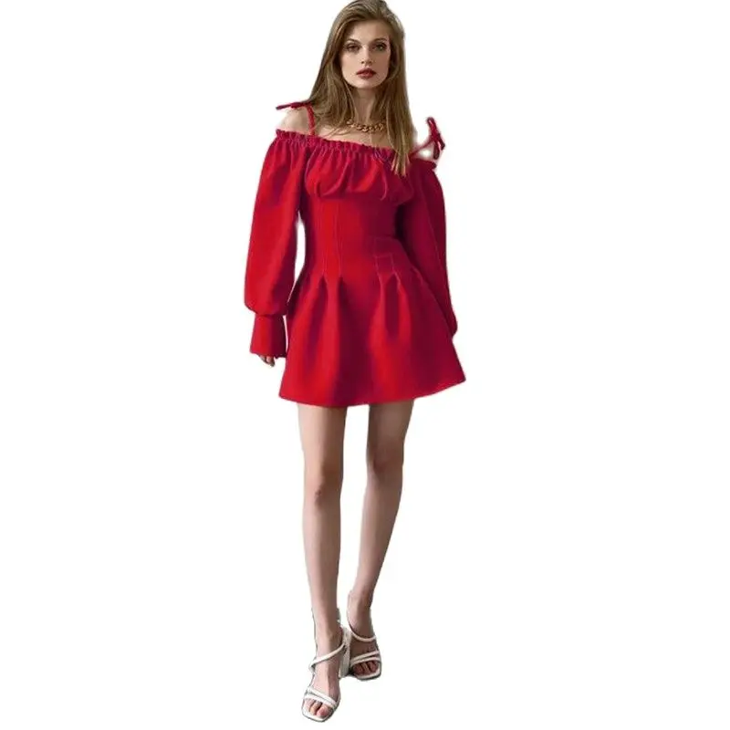 

Europe And America Women Long Sleeves Dress Spring Autumn Solid Color Women Ruffles Party Dress 2 Colors Drop Shipping