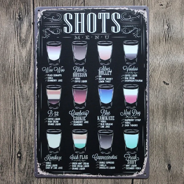 Металлический жестяной знак 20*30 см выстрелы меню наклейка Декор бар паб домашний