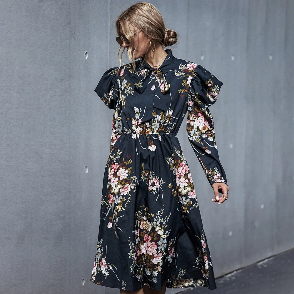 Женское длинное платье винтажное Цветочное длинным рукавом осенняя одежда