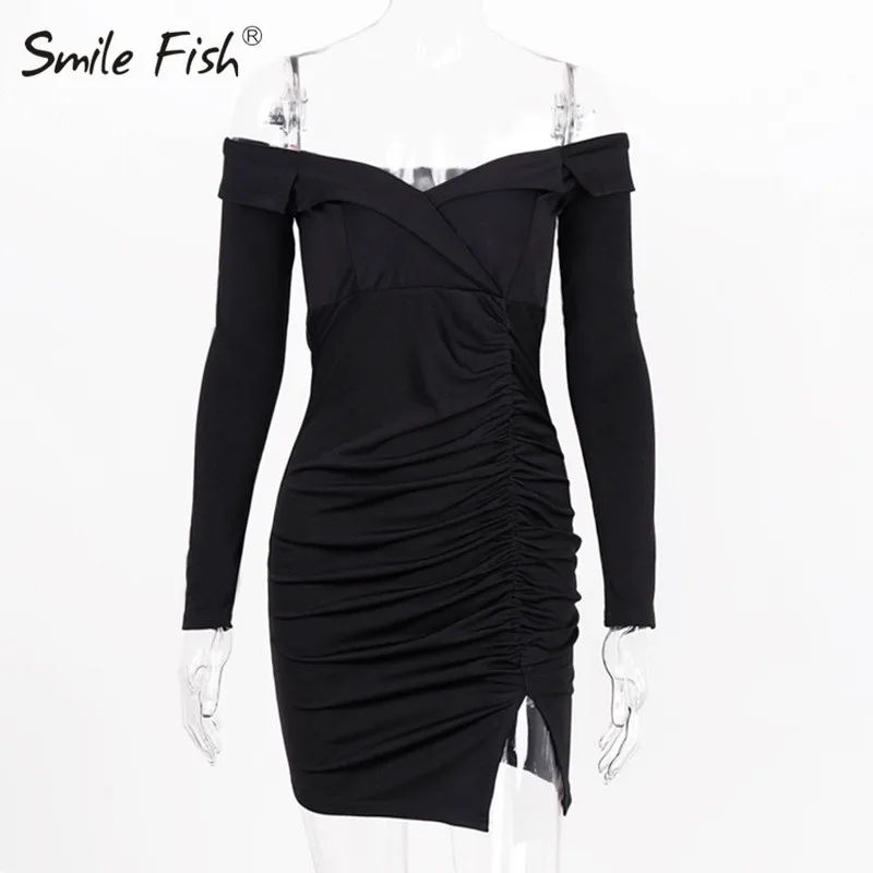 M0494 Black Женские вечерние мини-платья с открытыми плечами на бретельках с длинным рукавом, платье с v-образным вырезом и поясом, сексуальное платье с разрезом - Цвет: M0494 Black