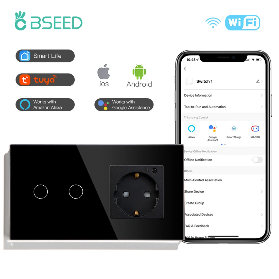 

BSEED Wifi Wall Switch 1/2/3Gang 1/2/3/4 Way Led Light Touch Switch Smart Life Wall Power Socket Glass Google Alexa APP Control