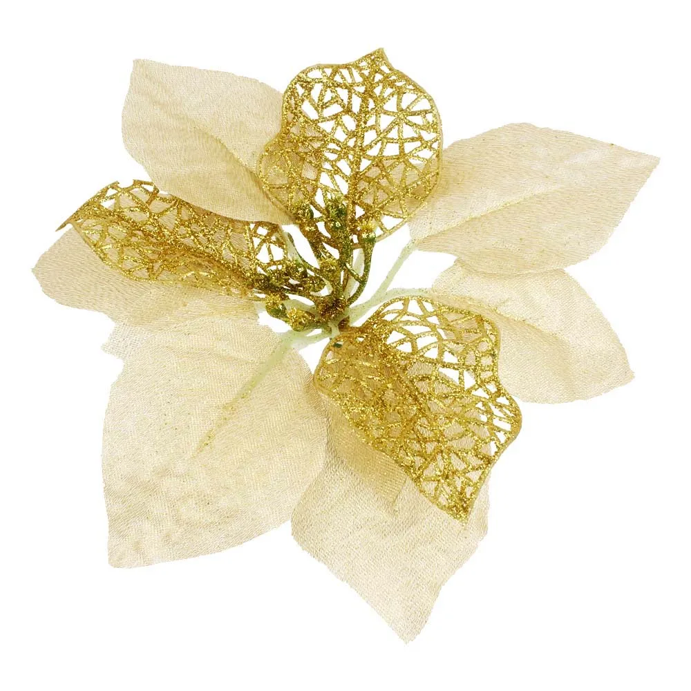 Gold(20cm) 12pcs/lot Artificial Christmas Flowers Plastic&Cloth Glitter Hollow Flower For Christmas Tree Decoration DIY Xmas New Year Decor - Цвет: Gold(20cm)