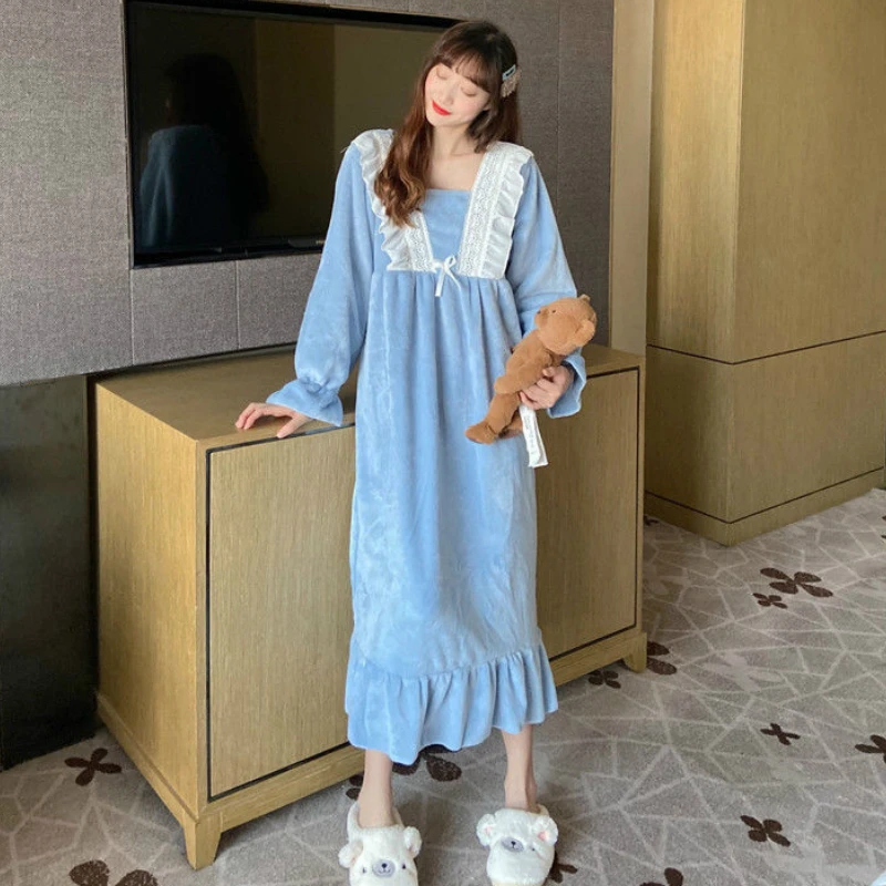 Женские ночные рубашки с кружевом коралловый флис длинные оборки милые