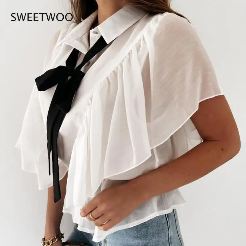 

Summer Ladies Casual Chiffon Ruffled Shirt Shirt Elegant Short-Sleeved Black Lace-Up Blouse Solid Color Lapel Pullover