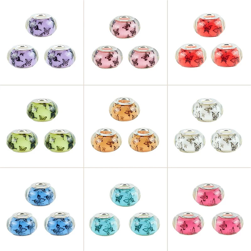 

10 Pcs Color Butterfly Round Loose Acrylic Large Hole European Beads Fit Pandora Bracelet Bangle Pendant Charms Necklace Jewelry