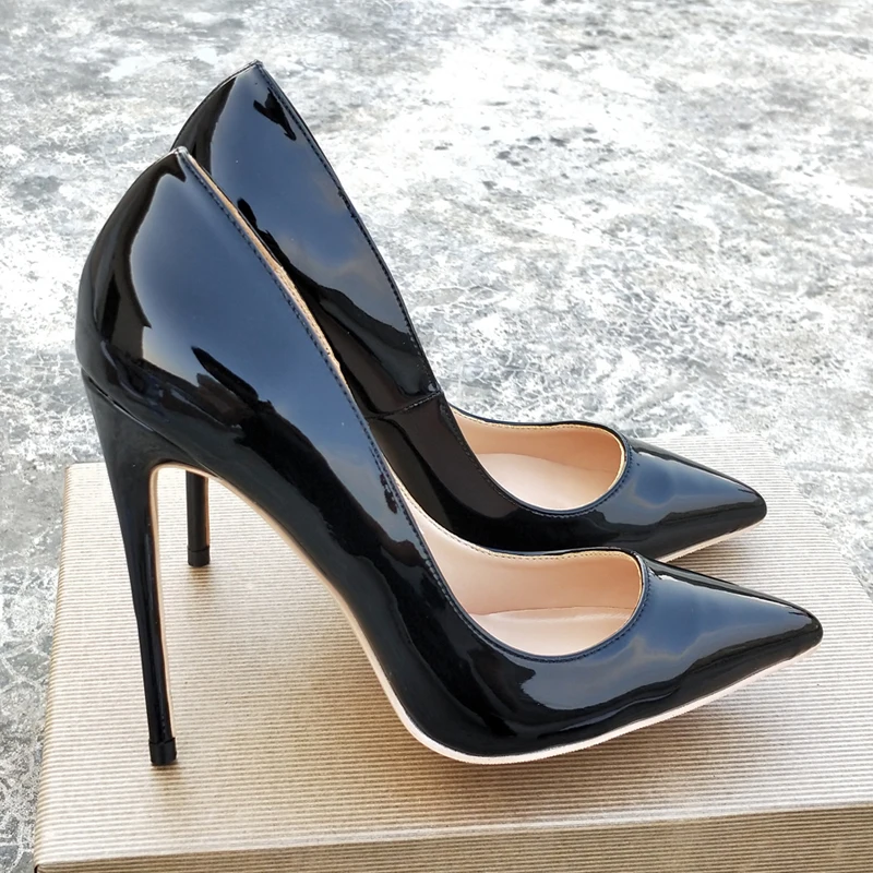 Женские классические туфли-лодочки на высоком каблуке 12 см черные с острым