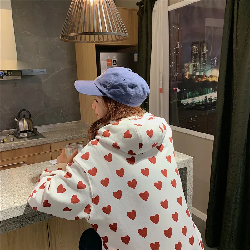 

Cute Sweet Oversized Hoodie Heart Print Autumn Thin Sweatshirt Women Long Sleeve Hooded Harajuku Casual Loose Female Hoodie