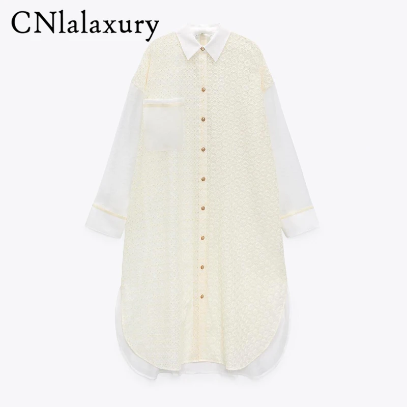 

Женское платье-рубашка макси, с вышивкой, с длинным рукавом, весна-лето 2021