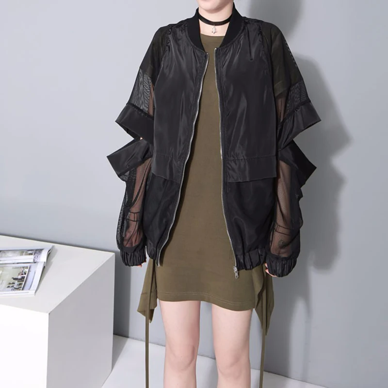 [EAM] 2021 Новинка весна осень воротник стойка длинный рукав черный тонкий полый