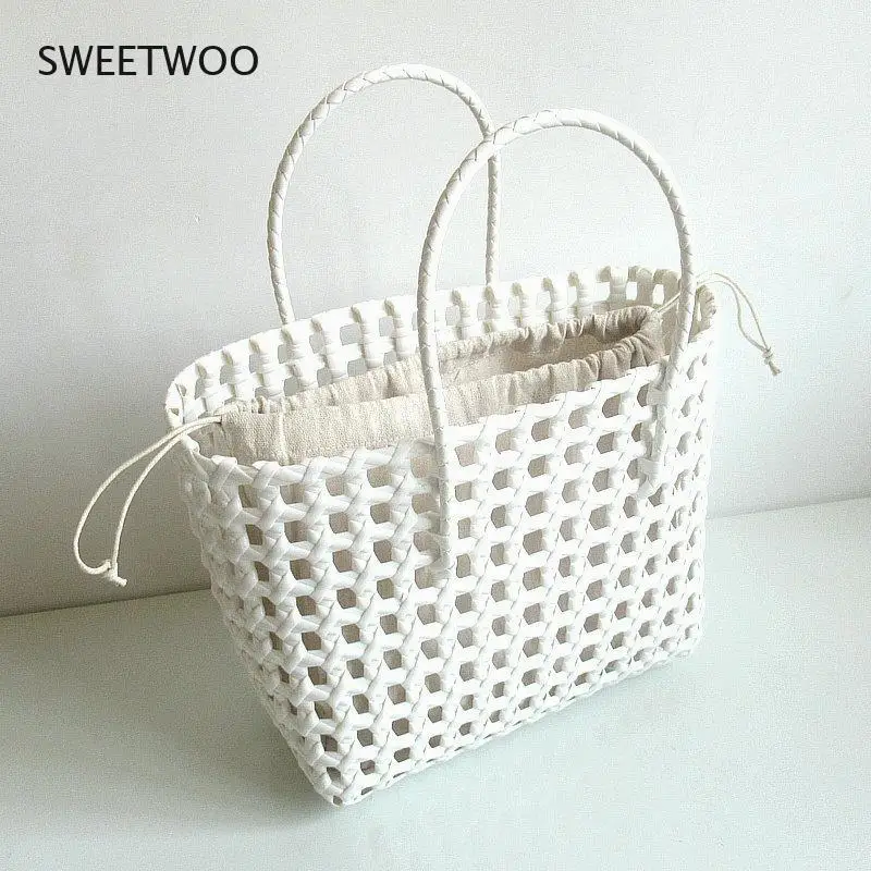 

Women Bucket Straw Woven Handbag Female Beach Camping Solid Color Portable Vegetable Basket Open Pocket Hollow Out Weaving Bag