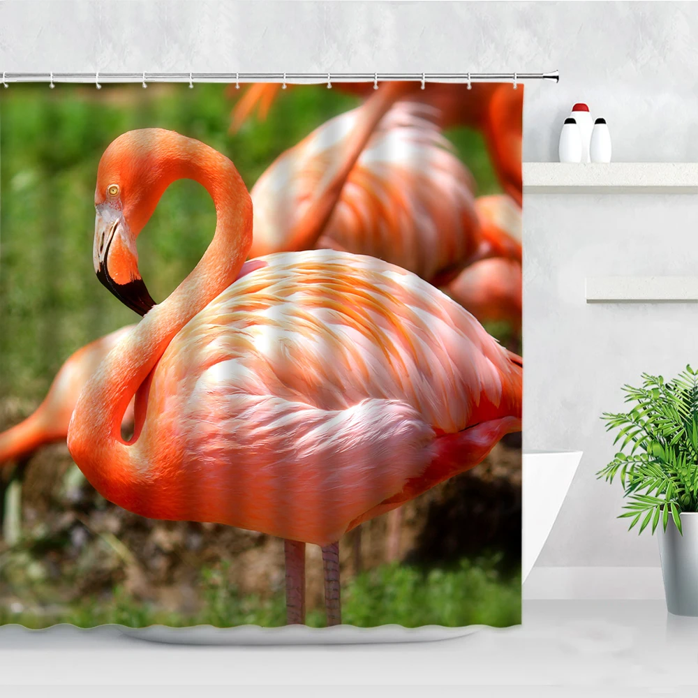 

Занавеска для душа с розовым фламинго, водонепроницаемый тканевый экран для ванны, с рисунком диких животных, 3D природный пейзаж, Декор для ...