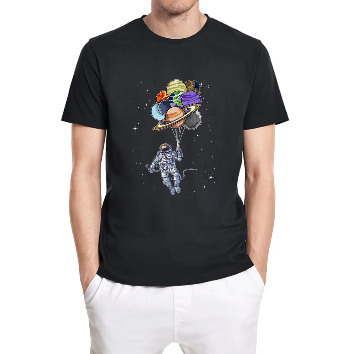 

Funny Astronaut Holding Planet Balloons Solar System Space Gifts Men's Shirt Short Sleeve Tops Casual Unisex T-Shirt Cotton Tee