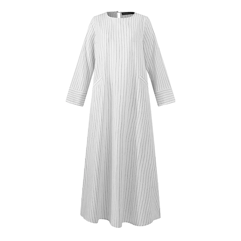 

Casual Sundress Women Long Sleeve Female Robe 2021 Cotton Linen Long Dresses Autumn Striped Maxi Kaftan ZANZEA Vintage Vestidos