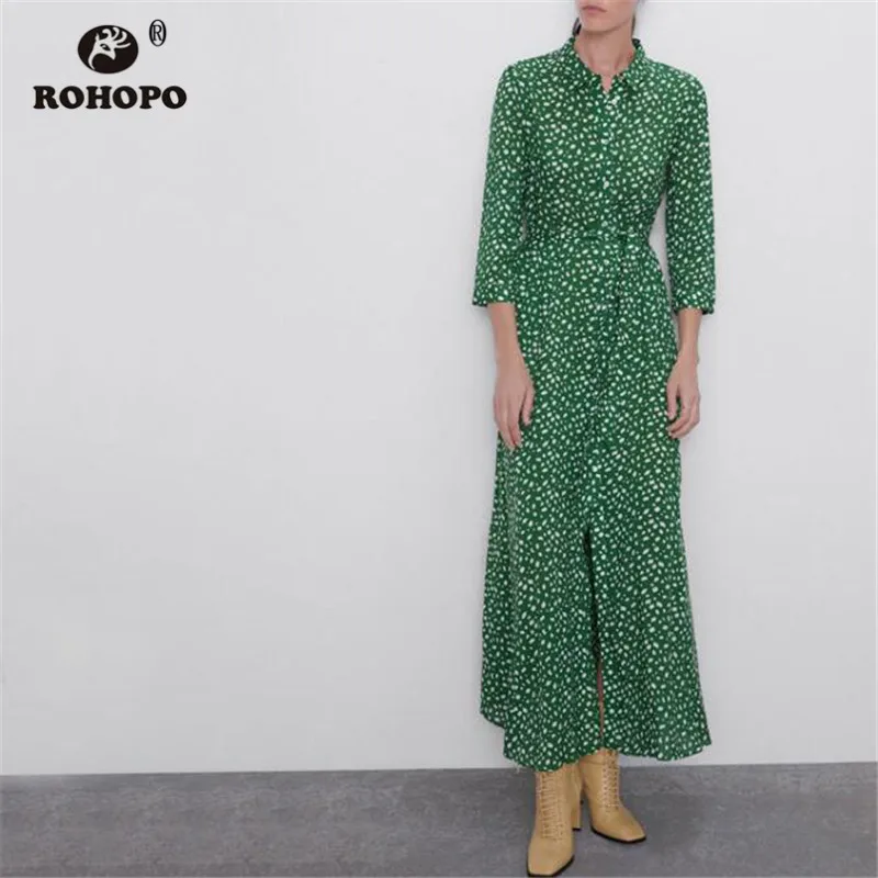 ROHOPO осеннее хлопковое зеленое платье миди в горошек с рукавом три четверти на