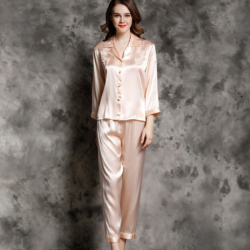 

Silk Women's Pajamas Sexy Nightwear Female Suit 2PCS Women Spring Autumn 100% Mulberry Silk Homewear Long Sleeve Sleepwear 2021