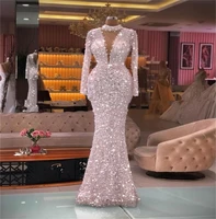 luxury white evening dresses long sleeves high neck beads sequins mermaid dinner dress prom party wear robe de mari%c3%a9e